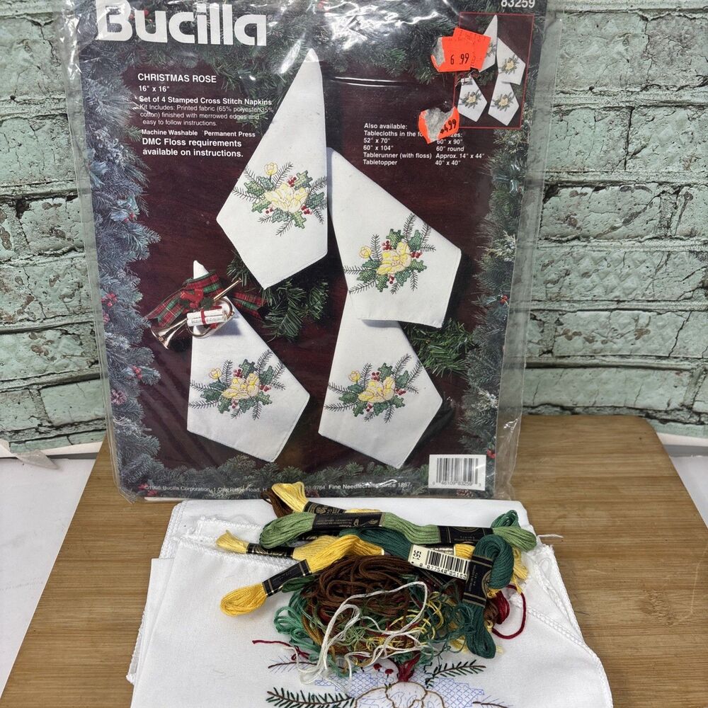 Bucilla Stamped Cross Stitch Napkins Christmas Rose #83259 Some Floss, Started